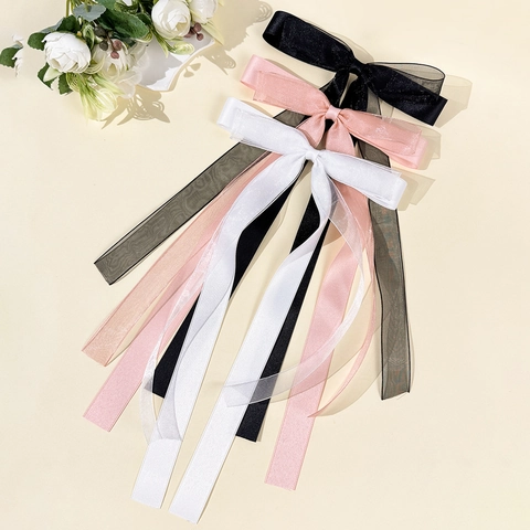 Barrette à Nœud Papillon à Long Ruban Style Ballet pour Femmes Doux Ruban en Maille Fait à la Main Pince Bec de Canard Accessoires Cheveux