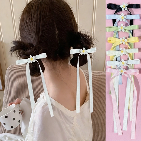Dolce Fermaglio per Capelli a Fiocco Stile Balletto Con Ricamo Margherita Lunghi Nastri Accessori per Capelli da Principessa Donna