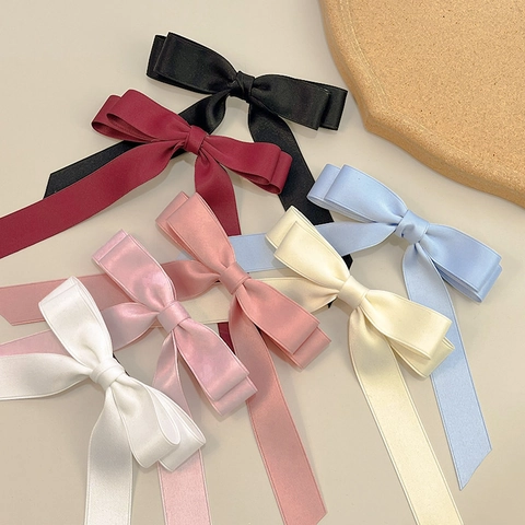 Elegant Satin Bow Hair Clip With Long Streamers Double Layer Ribbon Spring Clip French Style Sweet Hair Accessory For Women
