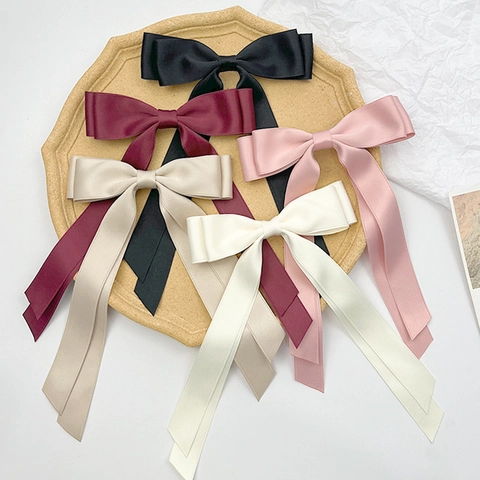 French Vintage Satin Double Layer Bowknot Hair Clip With Long Streamer Elegant Solid Color Ribbon Barrette For Women Girls