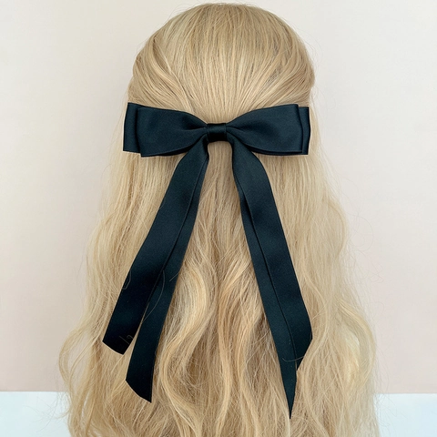 French Vintage Satin Double Layer Bowknot Hair Clip With Long Streamer Elegant Solid Color Ribbon Barrette For Women Girls