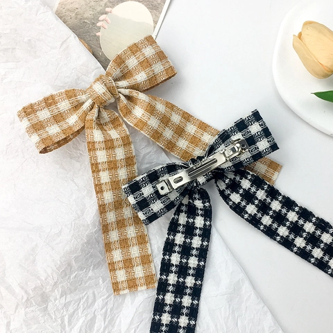 Pinza de Pelo de Lazo de Cuadros Vintage Con Cintas Largas Tela Gingham Lazo Clip de Resorte Estilo Japonés Accesorio Mujer