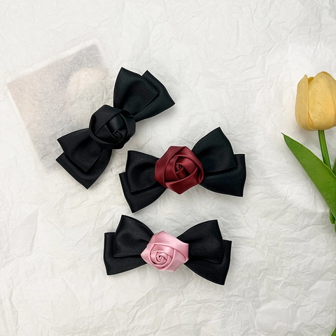 Pinza Para El Cabello De Lazo De Satén Elegante Con Rosa Hecha A Mano Accesorios Para El Cabello Vintage Francés Mujer