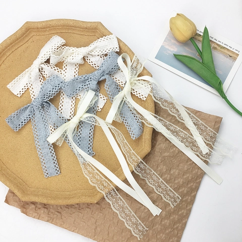 Damen Elegant Spitze Schleife Haarclip Mit Langem Band Süß Koreanisch Stil Webband Haarnadel Handgefertigt Haarschmuck