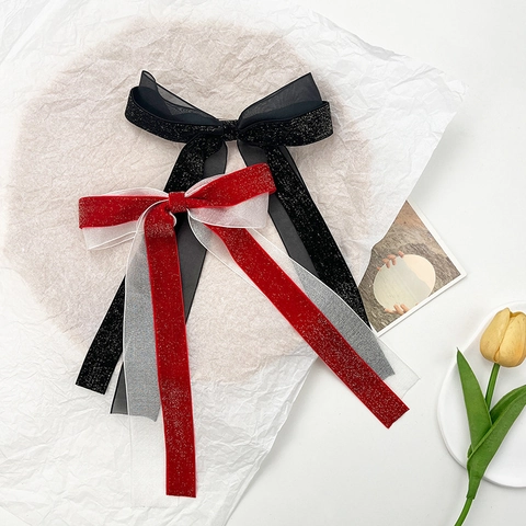 Pinza de Pelo de Lazo de Terciopelo Francés Vintage Con Cinta de Brillo Estilo Hepburn Elegante Accesorios de Organza Doble Capa Mujer