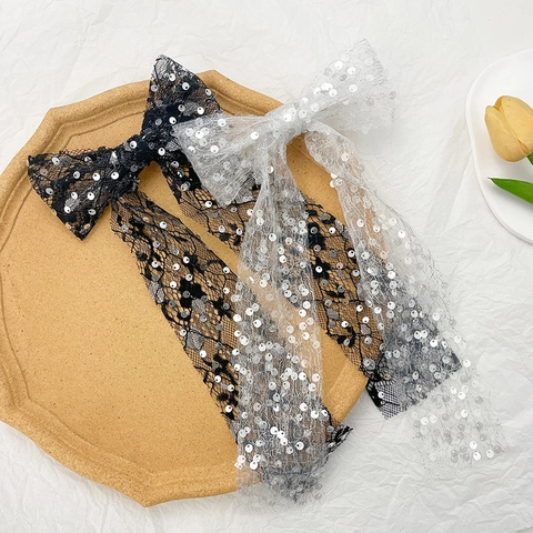 Lace Bow Haarclip Mit Langen Streamer Pailletten Mesh Große Federclip Haarschmuck Für Damen Hochzeit Party