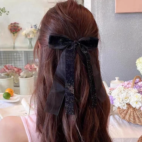 Pinza de Pelo de Lazo de Terciopelo Francés Vintage Con Cinta de Brillo Estilo Hepburn Elegante Accesorios de Organza Doble Capa Mujer