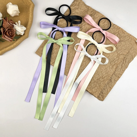 Coleteros de Satén Elegantes con Lazo para Mujer Dulce Balletcore Cintas Largas Gomas para el Pelo Color Sólido Accesorios de Cabello
