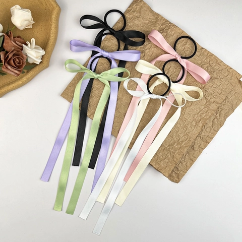 Coleteros de Satén Elegantes con Lazo para Mujer Dulce Balletcore Cintas Largas Gomas para el Pelo Color Sólido Accesorios de Cabello