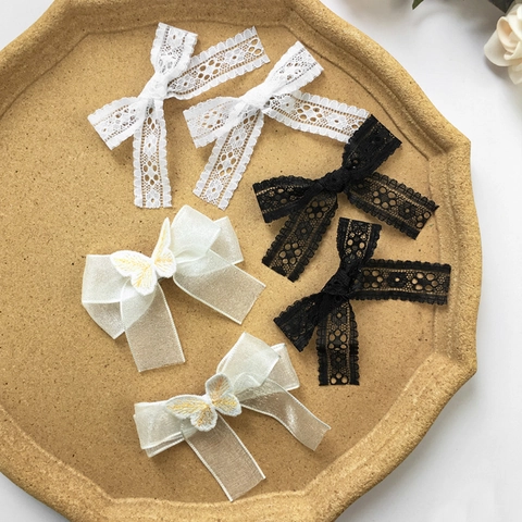 2 Pièces Barrettes à Cheveux Nœud en Dentelle pour Femmes Style Mori Papillon Brodé Pinces à Bec de Canard Doux Accessoires