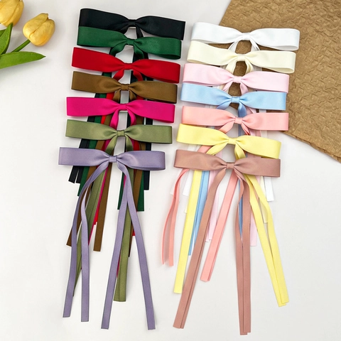 Sweet Satin Ribbon Bow Hair Clip With Long Streamers For Women Girls Elegant Solid Color Handmade Duckbill Clip Hair Accessories