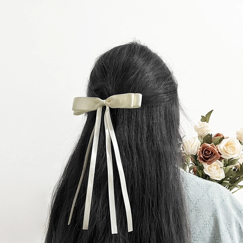 Pinza de Pelo Elegante de Satén con Lazo y Cinta Larga Hecha a Mano Color Sólido Accesorio de Cabello para Mujer Diario Fiesta