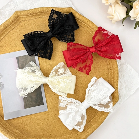 Korean Style Elegant Lace Bowknot Hair Clip Handmade Double Layer Ribbon Duckbill Clip For Women Sweet Hair Accessories