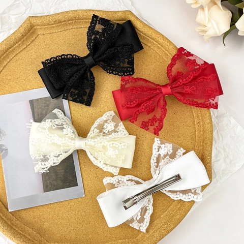 Korean Style Elegant Lace Bowknot Hair Clip Handmade Double Layer Ribbon Duckbill Clip For Women Sweet Hair Accessories