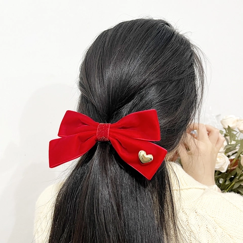 Molletta per Capelli in Velluto Vintage Francese Con Cuore d'Oro Elegante Grande Fermaglio a Fiocco per Donna Matrimonio