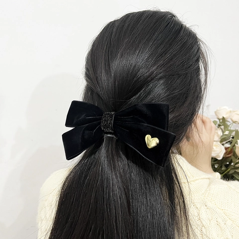 Molletta per Capelli in Velluto Vintage Francese Con Cuore d'Oro Elegante Grande Fermaglio a Fiocco per Donna Matrimonio