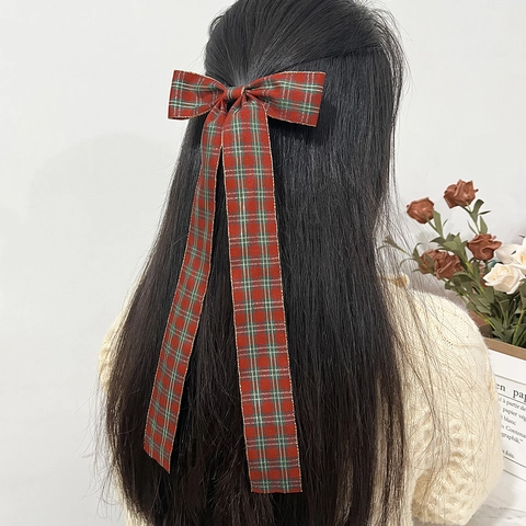 Pinza Para El Pelo Con Lazo De Cuadros Rojos De Estilo Japonés Con Cintas Largas Para Mujeres Horquilla De Cinta De Tela Vintage Accesorios De Navidad