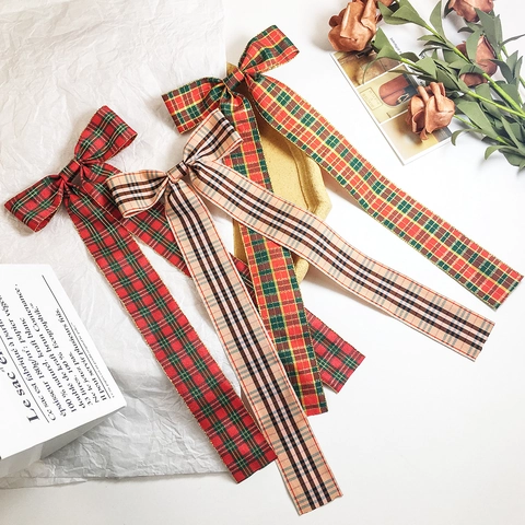 Pinza Para El Pelo Con Lazo De Cuadros Rojos De Estilo Japonés Con Cintas Largas Para Mujeres Horquilla De Cinta De Tela Vintage Accesorios De Navidad