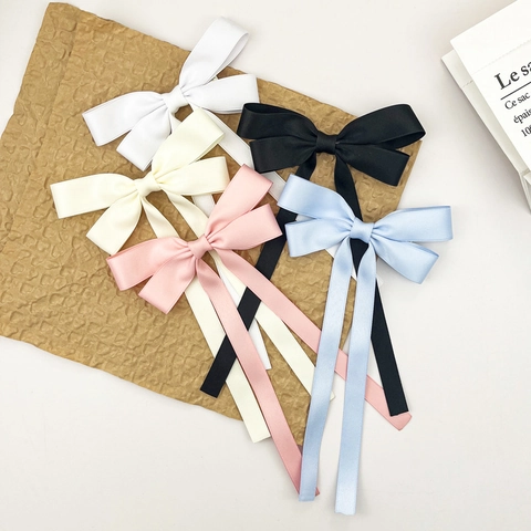 Women Elegant Satin Bow Hair Clip With Long Ribbon Tassel Solid Color Sweet Bowknot Hairpin Girl Hair Accessories