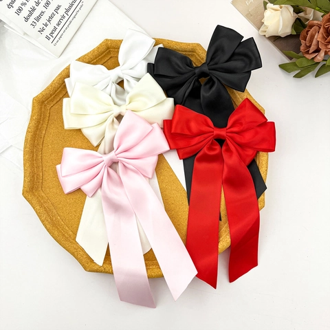 Korean Style Elegant Satin Ribbon Bow Streamer Hair Clip For Women Sweet Large Bowknot Hairpin Metal Duckbill Clip Hair Accessories