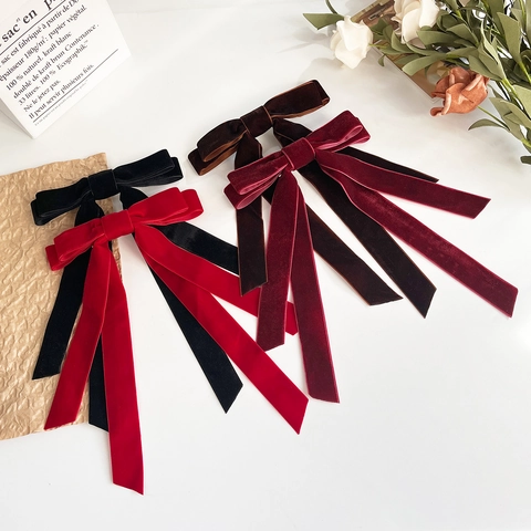 Pinza para el Cabello con Lazo de Terciopelo Retro Francés Cintas Largas Elegante Lazo Grande Clip de Resorte para Mujer