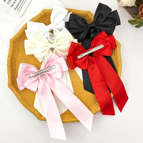 Korean Style Elegant Satin Ribbon Bow Streamer Hair Clip For Women Sweet Large Bowknot Hairpin Metal Duckbill Clip Hair Accessories