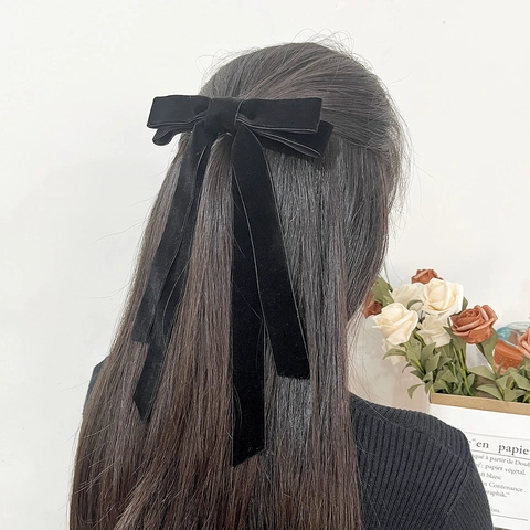 Pinza para el Cabello con Lazo de Terciopelo Retro Francés Cintas Largas Elegante Lazo Grande Clip de Resorte para Mujer