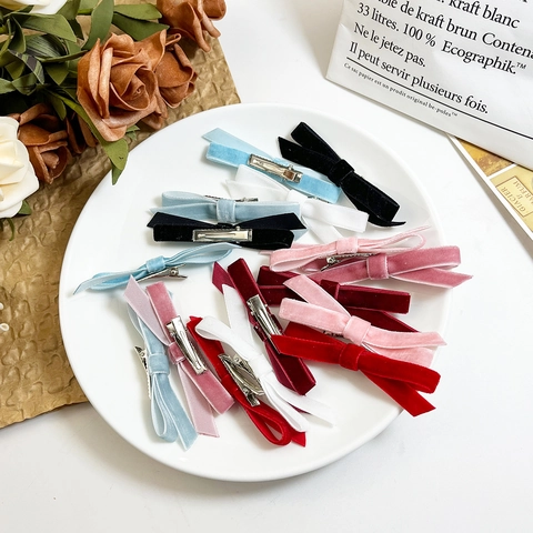 Velvet Metal Bow Hair Clips Women Girls Sweet Color French Vintage Duckbill Clips Soft Elegant Fashion Hair Accessories