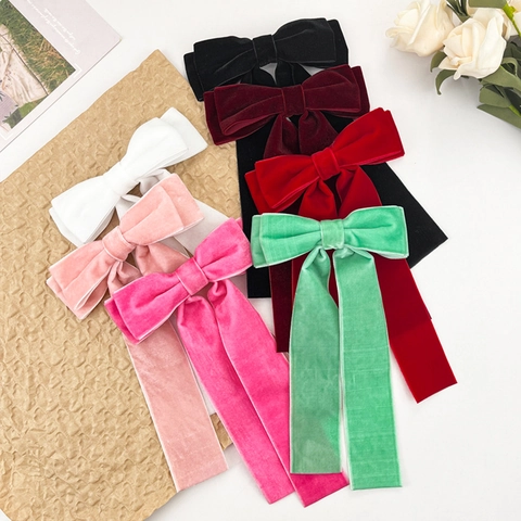 Elegant Velvet Bow Streamer Hair Clip For Women Retro French Style Long Ribbon Duckbill Clip Versatile Hair Accessory