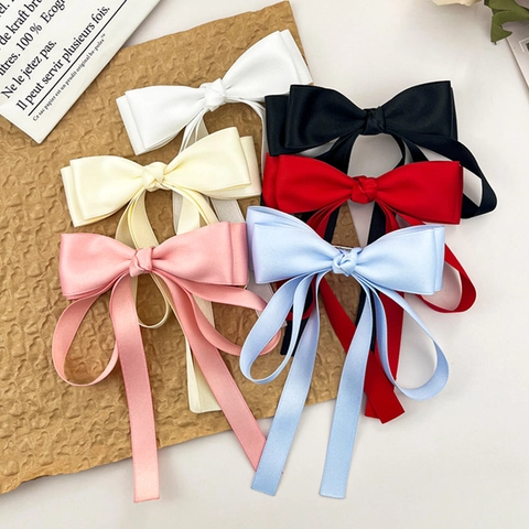 Franse Stijl Satijnen Lint Strik Haarklem Met Lange Slingers Elegant Zoet Haaraccessoires Voor Vrouwen Dagelijks Feest