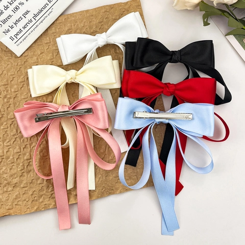 Franse Stijl Satijnen Lint Strik Haarklem Met Lange Slingers Elegant Zoet Haaraccessoires Voor Vrouwen Dagelijks Feest