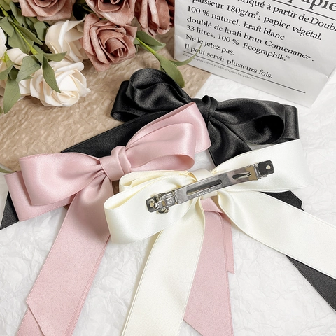 Elegant Satin Bow Hair Clip With Long Streamers Handmade Spring Clip Hair Accessories For Women Balletcore Style Headwear