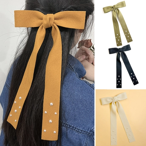 French Retro Bow Hair Clip With Long Streamer Artificial Pearl Elegant Handmade Fabric Hair Accessory For Women Party Daily