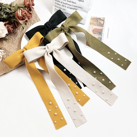 French Retro Bow Hair Clip With Long Streamer Artificial Pearl Elegant Handmade Fabric Hair Accessory For Women Party Daily