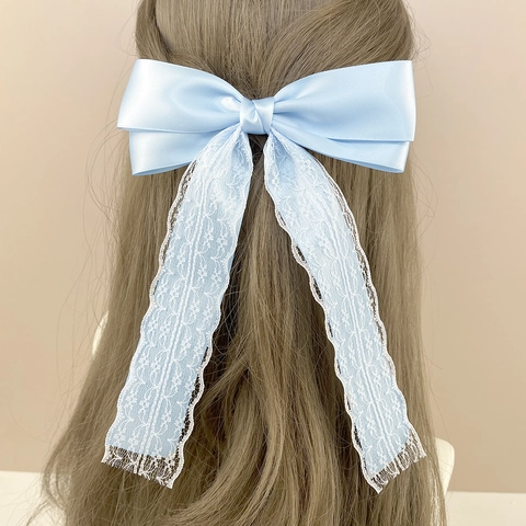 Elegante Fermaglio per Capelli con Fiocco Francese e Lunghi Nastri in Pizzo Nastro di Raso Clip a Molla Copricapo Vintage da Donna