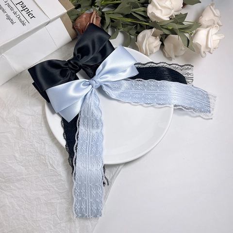 Elegante Fermaglio per Capelli con Fiocco Francese e Lunghi Nastri in Pizzo Nastro di Raso Clip a Molla Copricapo Vintage da Donna