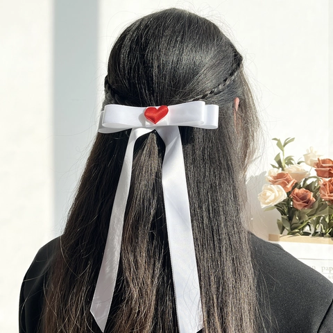 Elegante Satin-Schleife Haarclip Mit Rotem Herz Lange Bänder Koreanischer Stil Haarschmuck Für Damen Mädchen