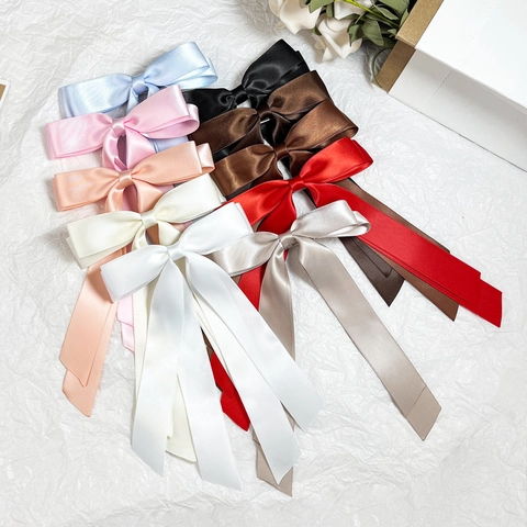 Eleganter Satin Großer Bogen Haarspange Mit Langen Bändern Handgemachte Einfarbige Haarnadel Kopfschmuck Für Damen Party