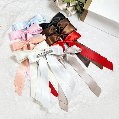 Eleganter Satin Großer Bogen Haarspange Mit Langen Bändern Handgemachte Einfarbige Haarnadel Kopfschmuck Für Damen Party