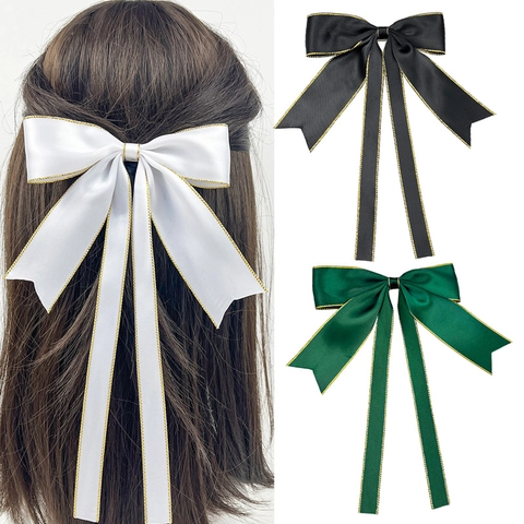 Pinza para el Cabello con Lazo de Satén Dulce con Cinta Larga Borde Dorado Pasador Grande para Mujer Accesorios Elegantes para el Cabello