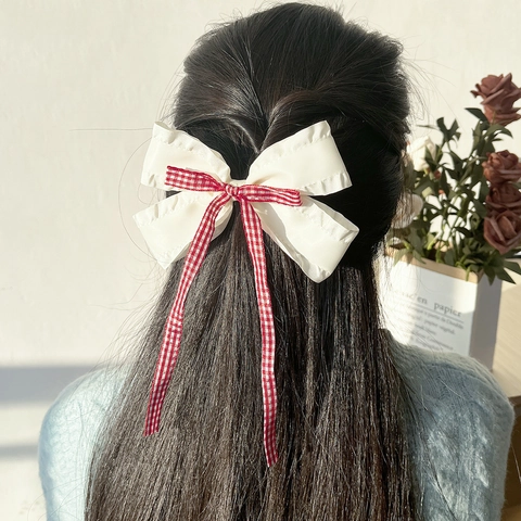 Pince à Cheveux Japonaise à Carreaux avec Volants Doux Nœud Ruban Pince Bec de Canard Vintage Femme Accessoires