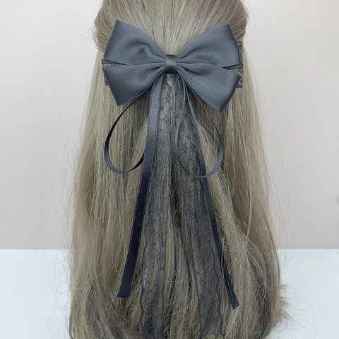 Elegante Fermaglio per Capelli con Fiocco in Pizzo e Nastri in Raso Doppio Strato Clip a Molla per Donna Accessorio Lolita