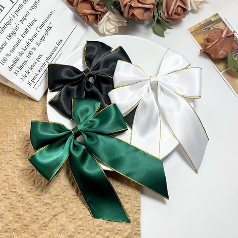 Franse Elegante Satijnen Strik Haarclip Met Gouden Rand Grote Lint Haarseld Voor Vrouwen Dagelijks Feest Hoofddeksel Accessoires