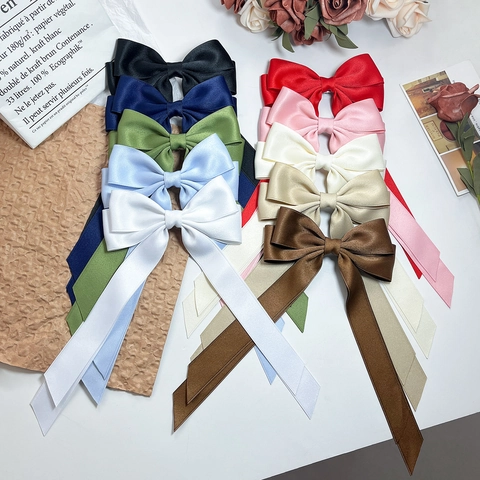Pince à Cheveux Nœud en Ruban de Satin Élégante Avec Longues Banderoles Style Français Pince Croco pour Femme Mariage Fête Accessoires