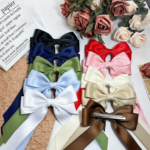 Pince à Cheveux Nœud en Ruban de Satin Élégante Avec Longues Banderoles Style Français Pince Croco pour Femme Mariage Fête Accessoires