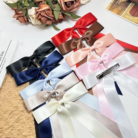 Elegant Satin Ribbon Bowknot Hair Clip With Long Streamer For Women Sweet INS Style Solid Color Alligator Hairpins Accessories