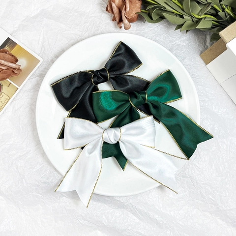 Pince à Cheveux Nœud en Satin Vintage Français Avec Bordure Dorée Épingle à Cheveux Ruban Style Mori pour Femmes