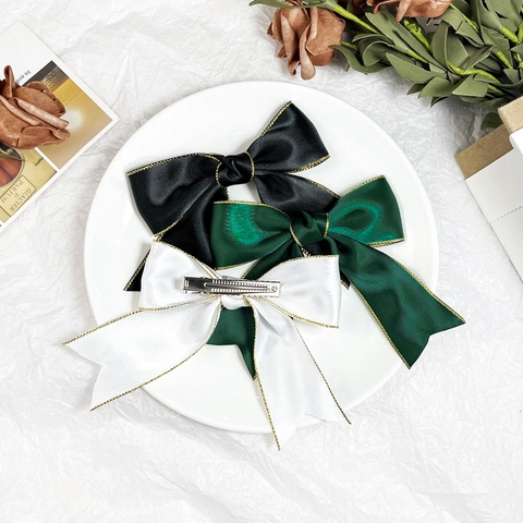 Pince à Cheveux Nœud en Satin Vintage Français Avec Bordure Dorée Épingle à Cheveux Ruban Style Mori pour Femmes
