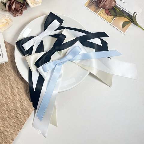Franse Retro Dubbellaagse Strik Haarklem Met Lange Streamer Satijnen Lint Eendenbek Klem Vrouwen Meisjes Haaraccessoires