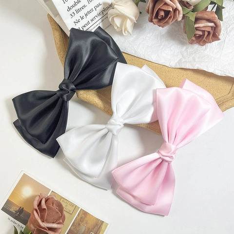 Large Satin Bow Hair Clip Elegant Double Layer Glossy Ribbon Spring Clip French Style Hair Accessory For Women Girls Party